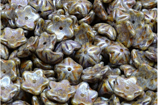 OUTLET 10克花形杯珠，10 x 10毫米，白色紫色棕色光泽斑点（02010-65329），玻璃，日本