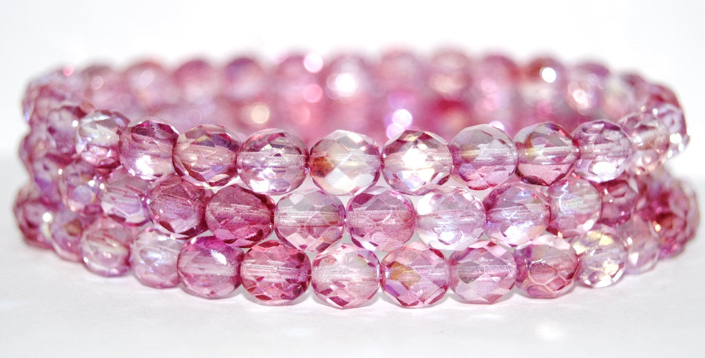 Fire Polished Round Faceted Beads, Glossy Red Pink (48120), Glass, Czech Republic ~ STRANDED