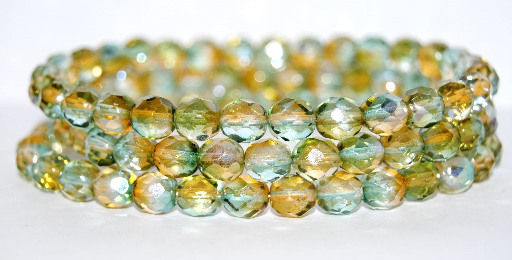 OUTLET 10 grams Faceted Round Fire Polished Beads, 8 x 8 mm, Glossy Green Gold (48124), Glass, Czech Republic