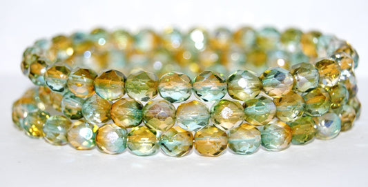 OUTLET 10 grams Faceted Round Fire Polished Beads, 8 x 8 mm, Glossy Green Gold (48124), Glass, Czech Republic