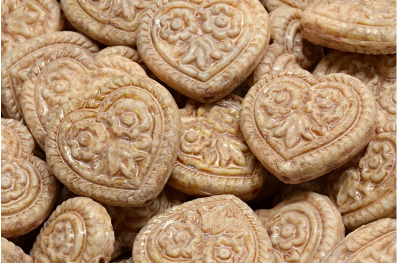 奥特莱斯 10克心形民间传说花朵珠，17 x 17毫米，白色蛋白石石灰华米色石灰华斑点 (02020-86800-33301)，玻璃，捷克共和国