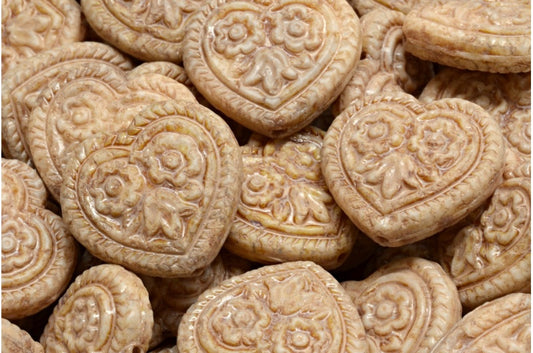 奥特莱斯 10克心形民间传说花朵珠，17 x 17毫米，白色蛋白石石灰华米色石灰华斑点 (02020-86800-33301)，玻璃，捷克共和国