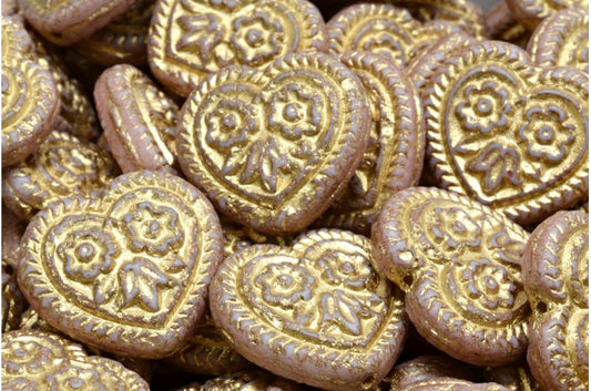 アウトレット 10グラム ハートとフォークロアフラワービーズ、17 x 17 mm、ホワイトオパールゴールドラインライトピンク（02020-54302-34304）、ガラス、チェコ共和国