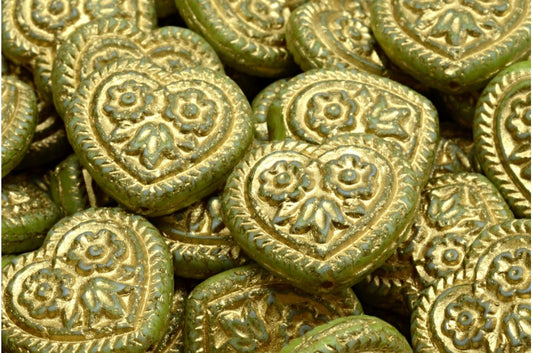 OUTLET 10 grams Heart With Folklore Flowers Beads, 17 x 17 mm, White Opal Gold Lined Light Green (02020-54302-34310), Glass, Czech Republic