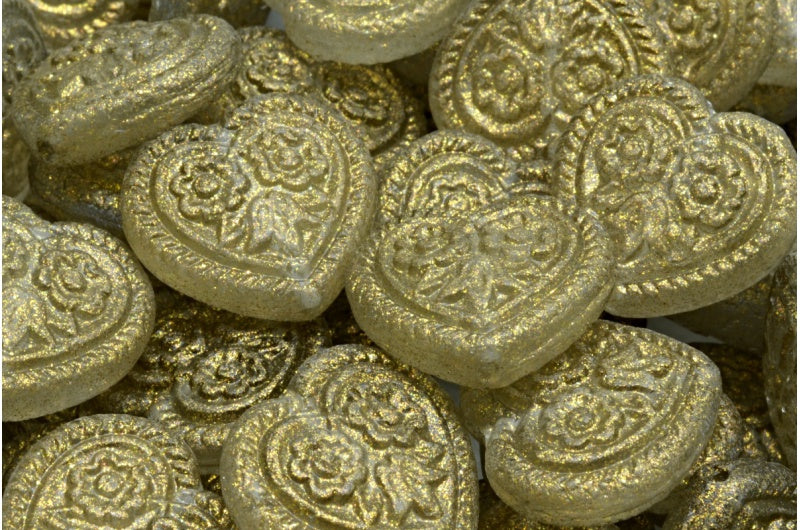 Heart With Folklore Flowers Beads, Crystal Gold (00030-542013), Glass, Czech Republic