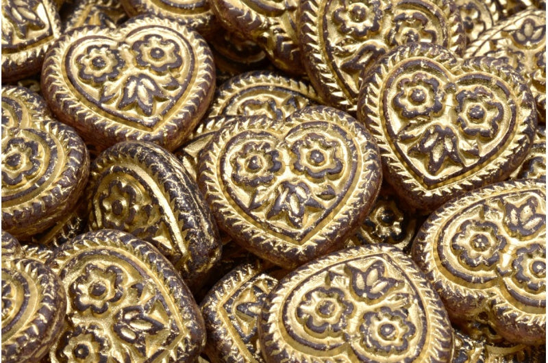 Heart With Folklore Flowers Beads, Crystal Gold Lined Light Fuchsia Pink (00030-54302-34306), Glass, Czech Republic