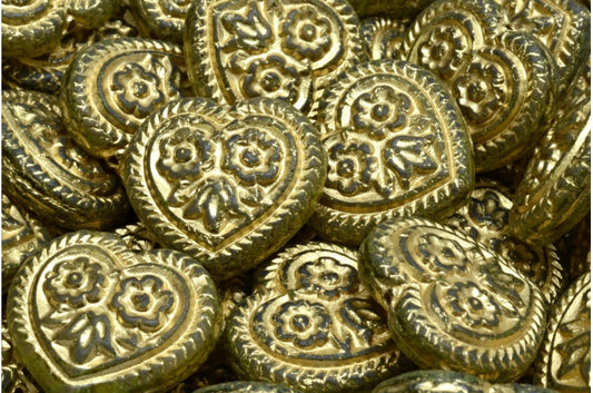 Heart With Folklore Flowers Beads, Crystal Gold Lined Light Green (00030-54302-34310), Glass, Czech Republic