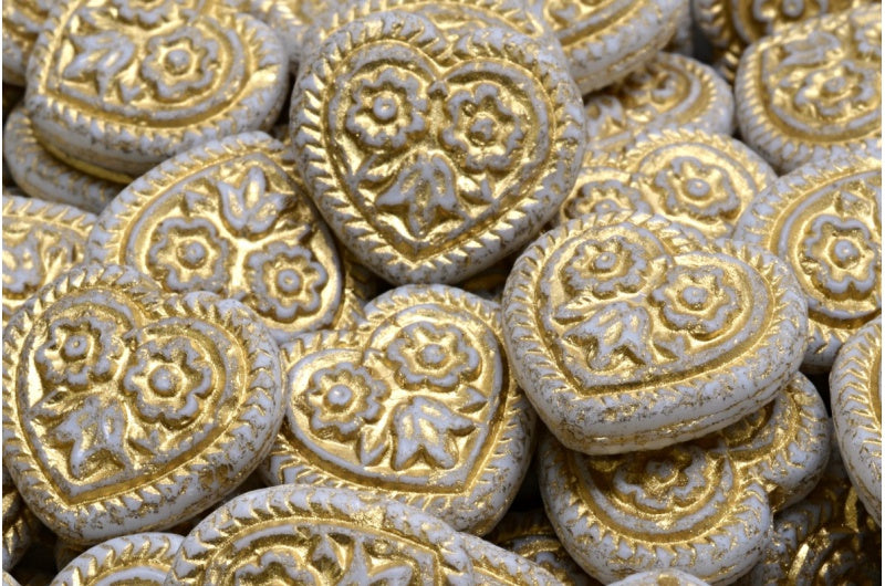 アウトレット 10グラム ハートとフォークロアフラワービーズ、17 x 17 mm、ホワイトオパールゴールドライン（02020-54302）、ガラス、チェコ共和国