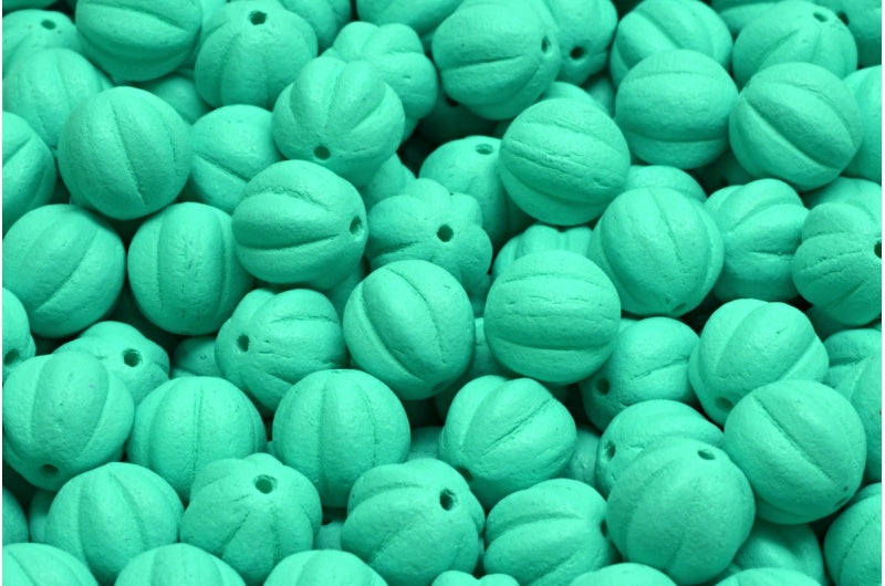 Melon Beads, White Bright Turquoise Matte (02010-22M16), Glass, Czech Republic