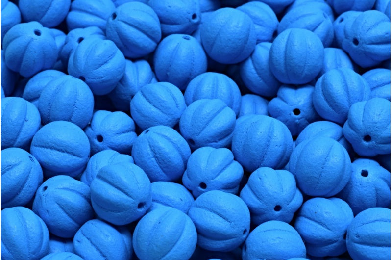 Melon Beads, White Bright Blue Matte (02010-22M19), Glass, Czech Republic