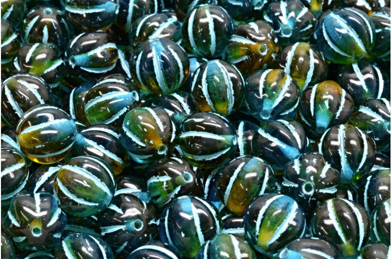 メロンビーズ、透明オレンジ、透明アクア、ライトブルーのライン入り（10080-60040-54308）、ガラス、チェコ共和国