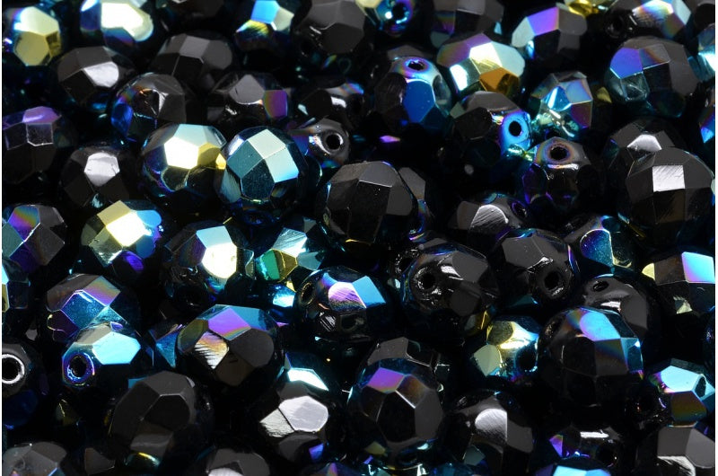 OUTLET 250g Round Faceted Fire Polished Beads, Black Ab (23980-28701), Glass, Czech Republic