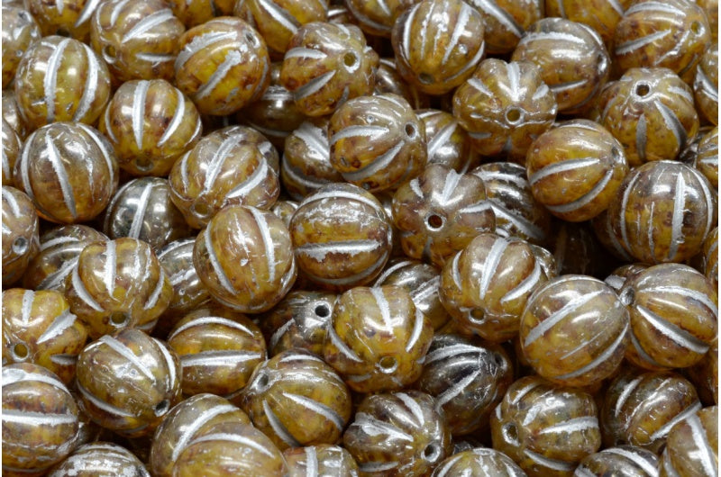 Melon Beads, Yellow Travertin Silver Lined (R0812-86800-54301), Glass, Czech Republic