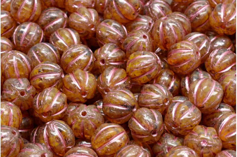 メロンビーズ、イエロートラバーチンピンクライン（R0812-86800-54321）、ガラス、チェコ共和国