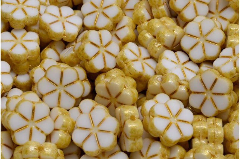 Table Cut Garland Flower Beads, White Opal Light Yellow (02020-34302), Glass, Czech Republic