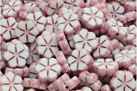 Table Cut Garland Flower Beads, White Opal Light Fuchsia Pink (02020-34306), Glass, Czech Republic