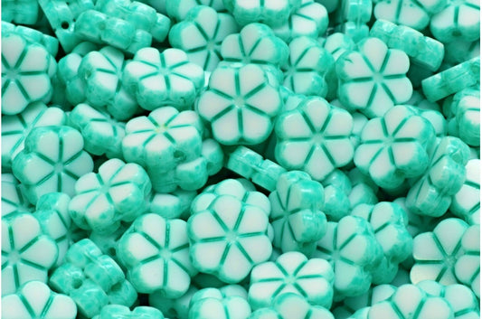 Table Cut Garland Flower Beads, White Opal Light Turquoise (02020-34309), Glass, Czech Republic