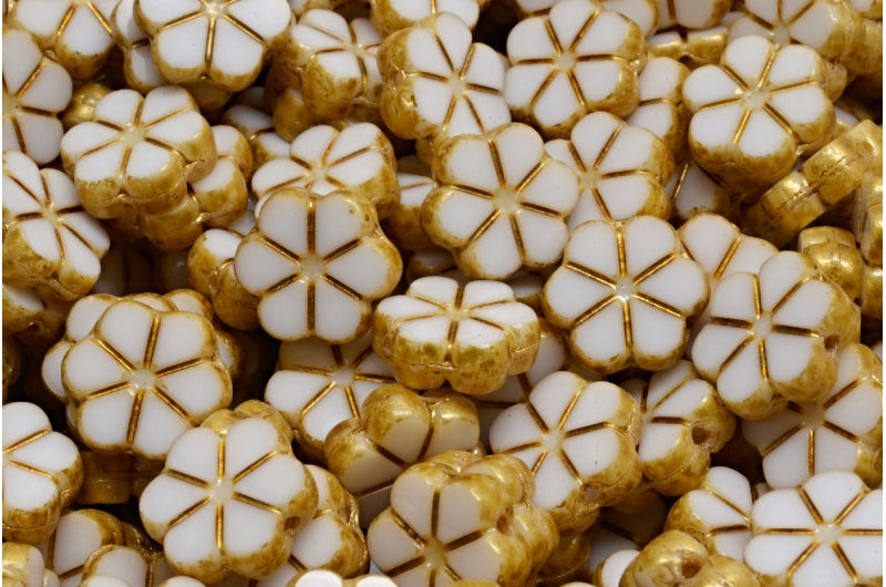 テーブルカットガーランドフラワービーズ、ホワイトオパールゴールドスプラッシュ（02020-86720）、ガラス、チェコ共和国