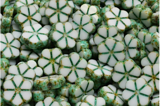 テーブルカットガーランドフラワービーズ、ホワイトオパールトラバーチンライトターコイズ（02020-86800-34309）、ガラス、チェコ共和国