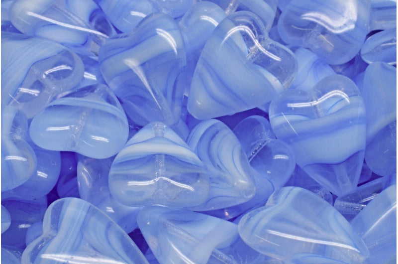 Elongated Heart Beads, Striped White Blue (35014), Glass, Czech Republic