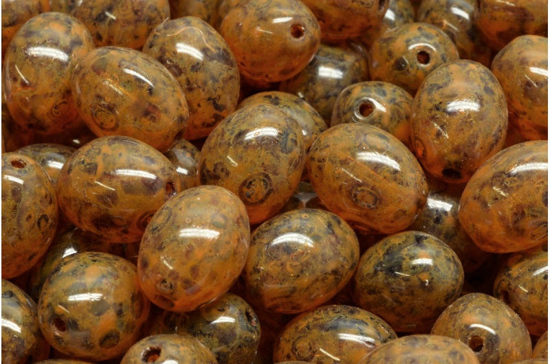 Olive Beads, Crystal Travertin Orange Spotted (00030-86800-33302), Glass, Czech Republic