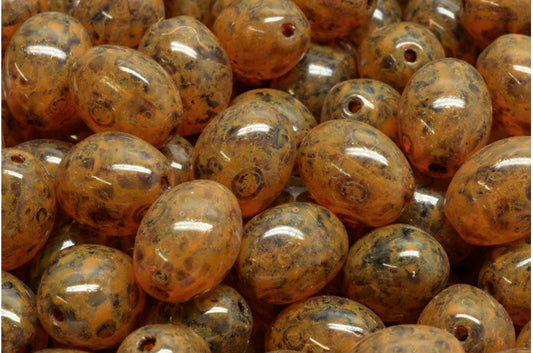 オリーブビーズ、クリスタルトラバーチンオレンジスポット（00030-86800-33302）、ガラス、チェコ共和国