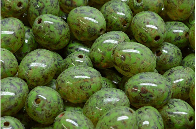 OUTLET 10 grams Olive Beads, 13 x 10 mm, Crystal Travertin Green Spotted (00030-86800-33311), Glass, Czech Republic