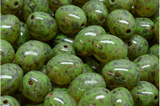 OUTLET 10 grams Olive Beads, 13 x 10 mm, Crystal Travertin Green Spotted (00030-86800-33311), Glass, Czech Republic