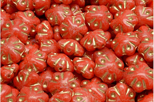 Folklore Flower Beads, White Beige Orange Spotted Gold Lined (02010-33307-54302), Glass, Czech Republic