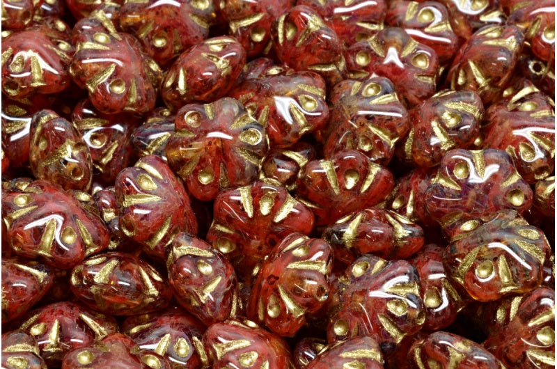 フォークロアフラワービーズ、ピンクトラバーチンゴールドライン（R0918-86800-54302）、ガラス、チェコ共和国