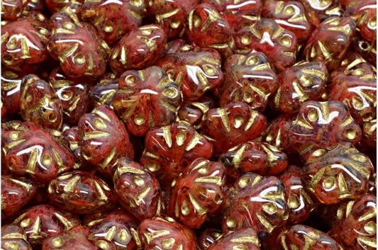 フォークロアフラワービーズ、ピンクトラバーチンゴールドライン（R0918-86800-54302）、ガラス、チェコ共和国