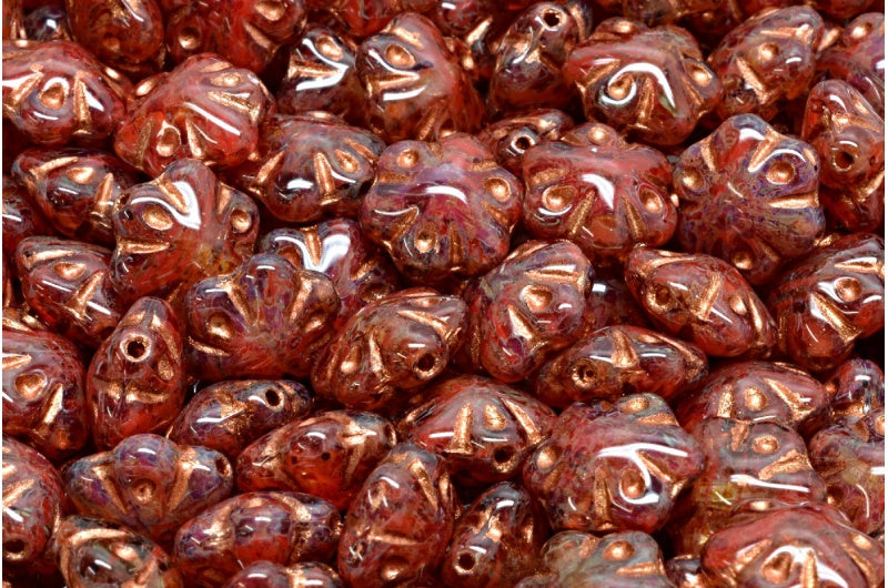 フォークロアフラワービーズ、ピンクトラバーチン銅張り（R0918-86800-54307）、ガラス、チェコ共和国