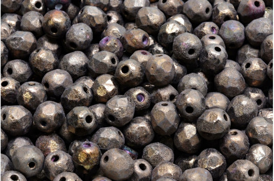 Faceted Round Fire Polished Beads, Black Etched Bronze (23980-ETCH-14415), Glass, Czech Republic