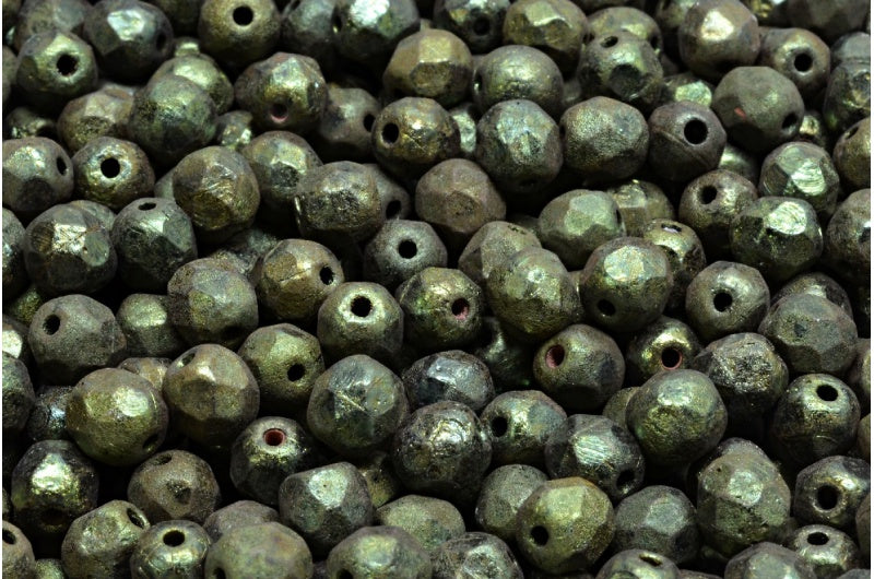 ファセット加工ラウンドファイアポリッシュビーズ、ブラックエッチングラスターレッドフルコーティング（23980-ETCH-14495）、ガラス、チェコ共和国