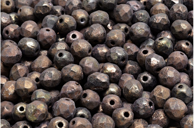 ファセット加工ラウンドファイアポリッシュビーズ、ブラックエッチングパープル（23980-ETCH-15726）、ガラス、チェコ共和国