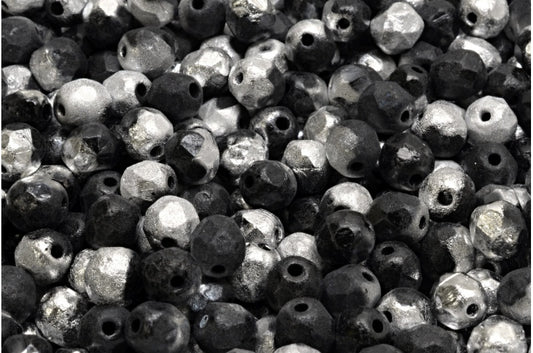 Faceted Round Fire Polished Beads, Black Etched Crystal Silver Half Coating (23980-ETCH-27001), Glass, Czech Republic