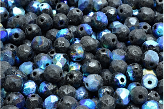 Faceted Round Fire Polished Beads, Black Etched Ab (23980-ETCH-28701), Glass, Czech Republic