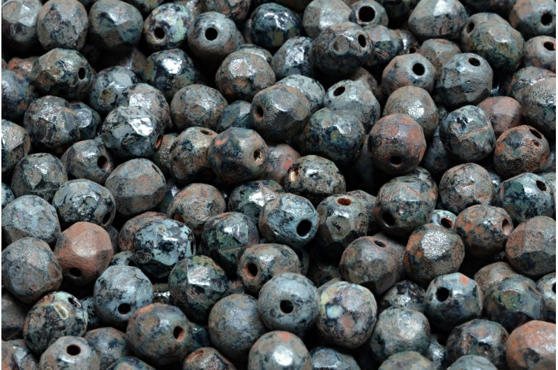 ファセット加工ラウンドファイアポリッシュビーズ、ブラックエッチングトラバーチン（23980-ETCH-86800）、ガラス、チェコ共和国