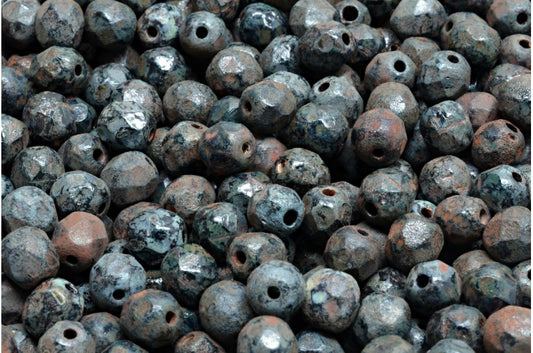 多面圆形火抛光珠，黑色蚀刻石灰华（23980-ETCH-86800），玻璃，捷克共和国