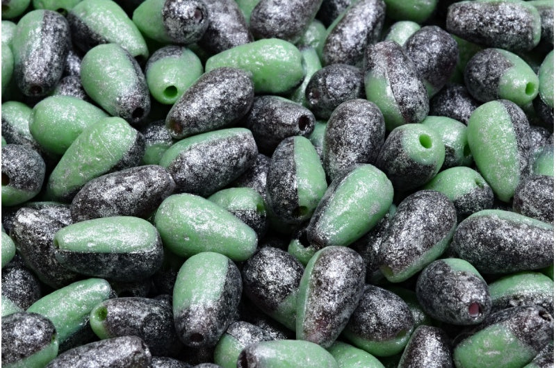 Drop Beads, Opaque Green 20090 Etched L Silver Gray (53200-20090-ETCH-L-34301), Glass, Czech Republic