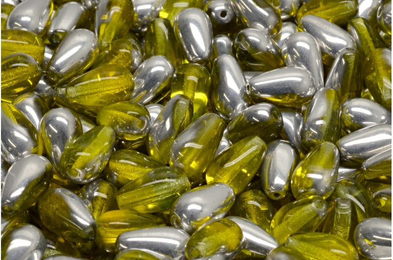 ドロップビーズ、透明イエロー透明グリーンクリスタルシルバーハーフコーティング（80020-50220-27001）、ガラス、チェコ共和国