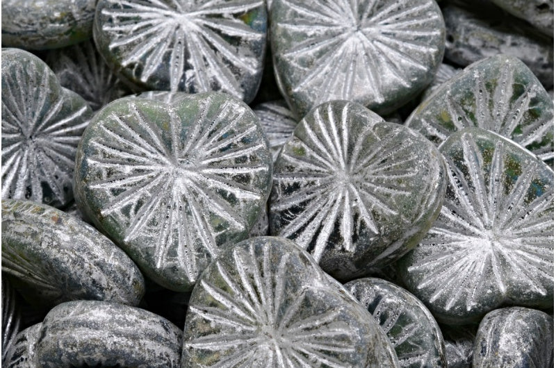 Kiwi Heart Beads, Cobalt Transparent Green Travertin Silver Lined (30050-50410-86800-54301), Glass, Czech Republic