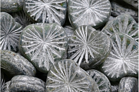 Kiwi Heart Beads, Cobalt Transparent Green Travertin Silver Lined (30050-50410-86800-54301), Glass, Czech Republic