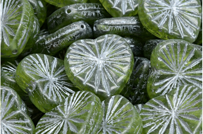 Kiwi Heart Beads, Transparent Green Silver Lined (50210-54301), Glass, Czech Republic