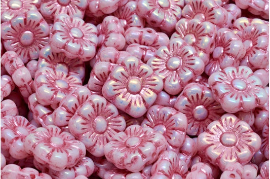 OUTLET 10 grams Square Flower Beads, 11 x 11 mm, White Ab Full (2X Side) Pink Lined (02010-28703-54321), Glass, Czech Republic