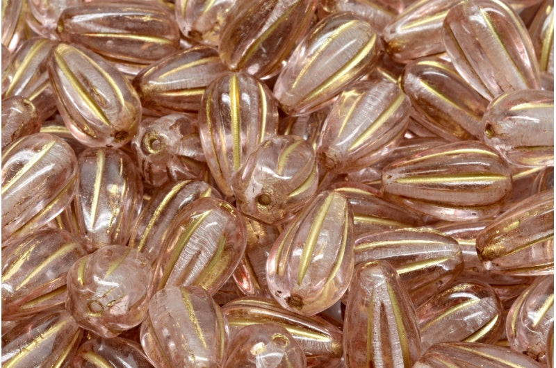 Drop Melon Beads, Crystal Gold Lined Light Pink (00030-54302-34304), Glass, Czech Republic