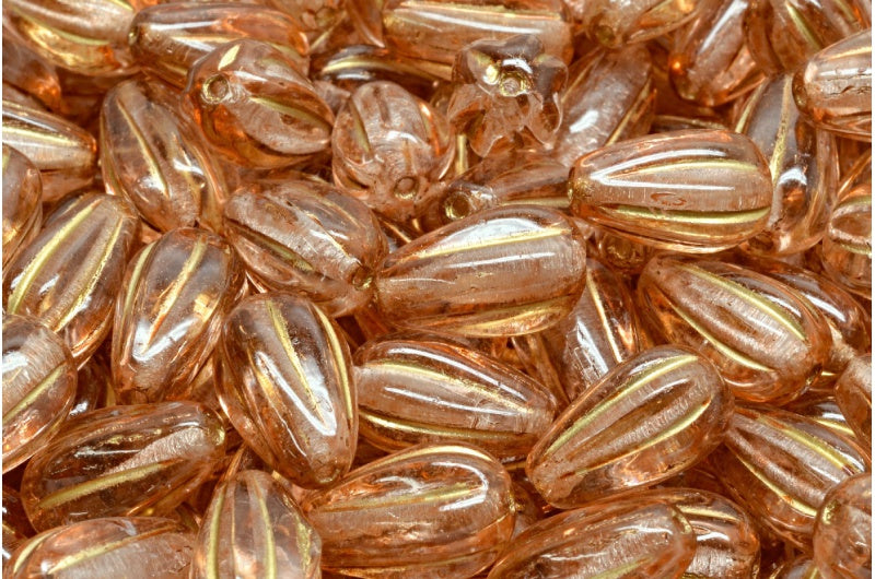 Drop Melon Beads, Crystal Gold Lined Light Pink Peach (00030-54302-34305), Glass, Czech Republic
