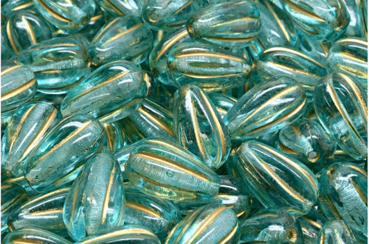 Drop Melon Beads, Crystal Gold Lined Light Aqua Blue (00030-54302-34308), Glass, Czech Republic