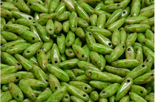 Dagger Beads, White Travertin Green Spotted (02010-86800-33311), Glass, Czech Republic