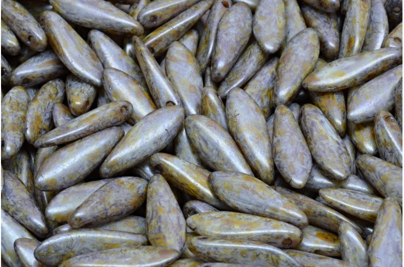 ダガービーズ、白紫茶色光沢斑点（02010-65329）、ガラス、チェコ共和国